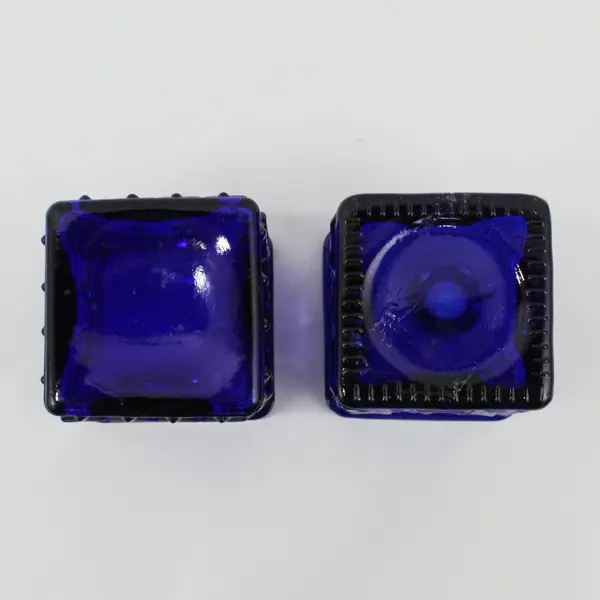Pair of Cobalt Blue Glass Square Embossed Votive Candle Holders