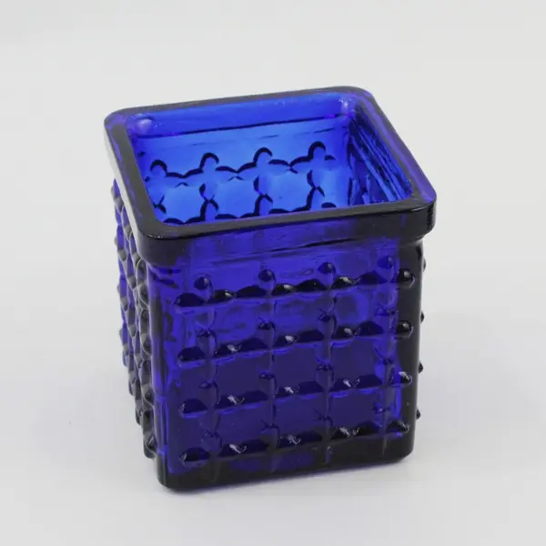 Pair of Cobalt Blue Glass Square Embossed Votive Candle Holders