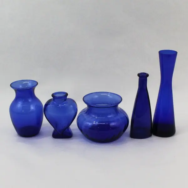 Lot Of 5 Small Cobalt Blue Glass Vases Assorted Sizes And Shapes
