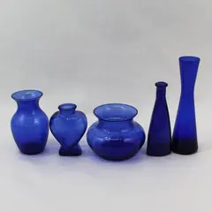 Lot Of 5 Small Cobalt Blue Glass Vases Assorted Sizes And Shapes