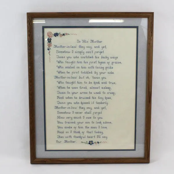 Framed Cross Stitch To His Mother Poem Floral Border 20x16 Completed Framed