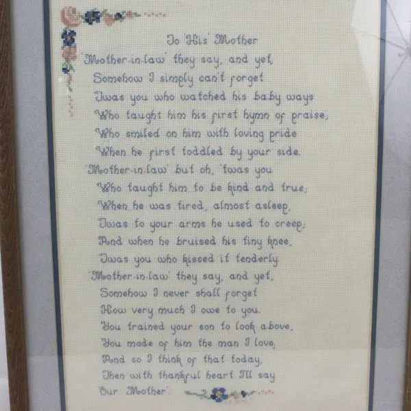 Framed Cross Stitch To His Mother Poem Floral Border 20x16 Completed Framed
