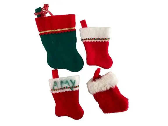 Lot of 7 Vintage Mini Christmas Stockings Red Green White Fuzzy Felt Decorations