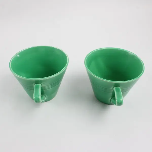 Set of 2 Vintage Ceramic Teacups Bright Green Glaze Concentric Lines
