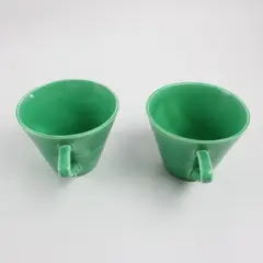 Set of 2 Vintage Ceramic Teacups Bright Green Glaze Concentric Lines