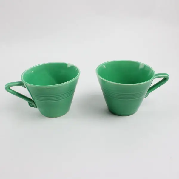 Set of 2 Vintage Ceramic Teacups Bright Green Glaze Concentric Lines