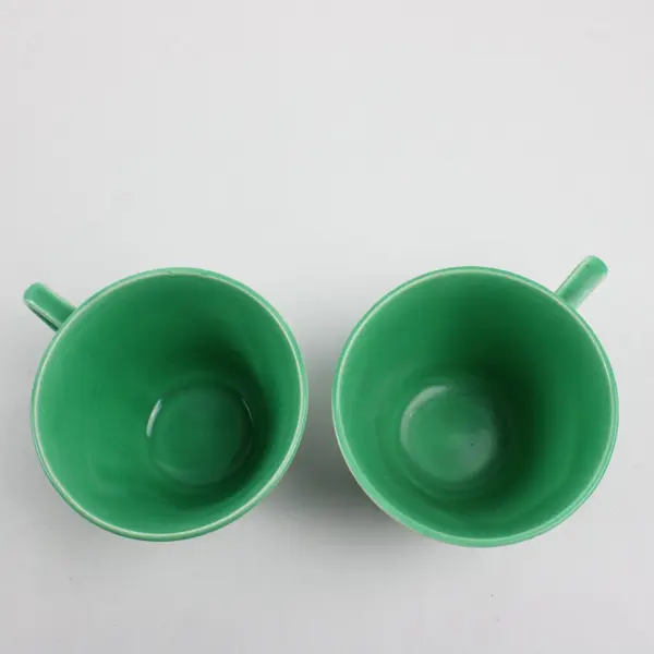Set of 2 Vintage Ceramic Teacups Bright Green Glaze Concentric Lines