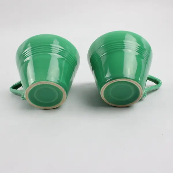 Set of 2 Vintage Ceramic Teacups Bright Green Glaze Concentric Lines