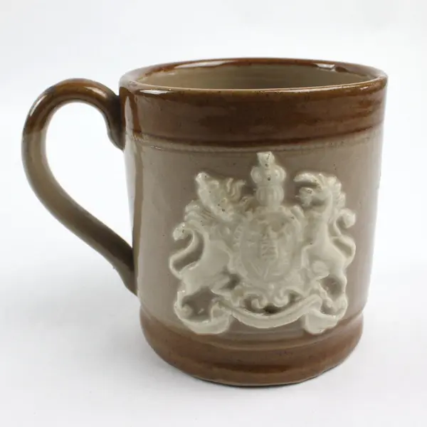 1953 British Commemorative Stoneware Mug ER Royal Arms Salt Glazed Tan
