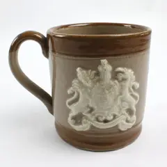 1953 British Commemorative Stoneware Mug ER Royal Arms Salt Glazed Tan