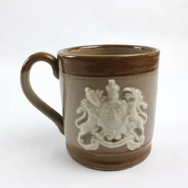 1953 British Commemorative Stoneware Mug ER Royal Arms Salt Glazed Tan