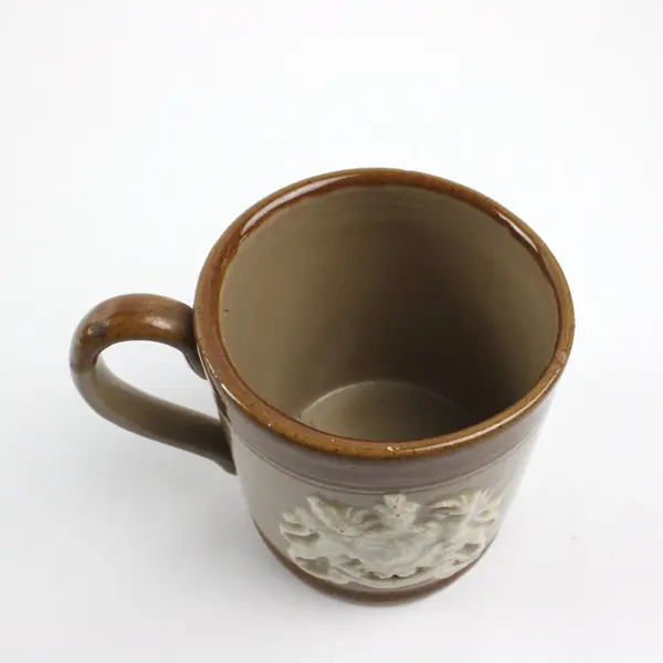 1953 British Commemorative Stoneware Mug ER Royal Arms Salt Glazed Tan