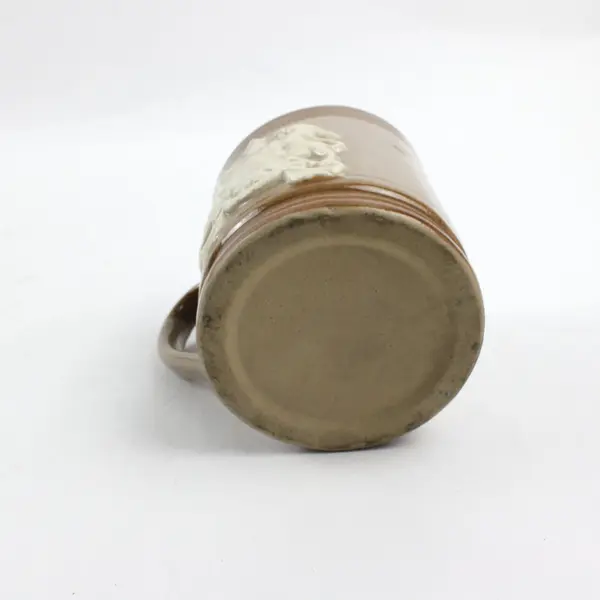 1953 British Commemorative Stoneware Mug ER Royal Arms Salt Glazed Tan