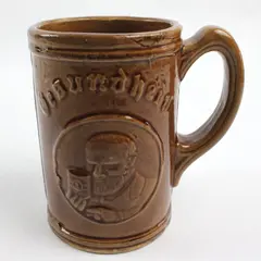 Vintage 1930s Gesundheit Beer Mug Brown Glazed Yellowware Pottery USA 16oz