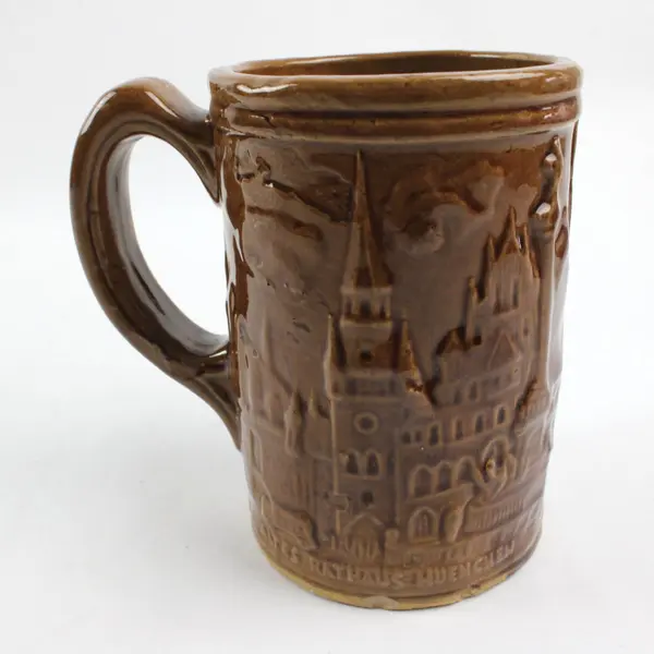 Vintage 1930s Gesundheit Beer Mug Brown Glazed Yellowware Pottery USA 16oz