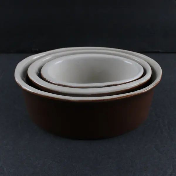 Set of 3 Vintage Nesting Oblong Ceramic Bowls Brown White Two-Tone