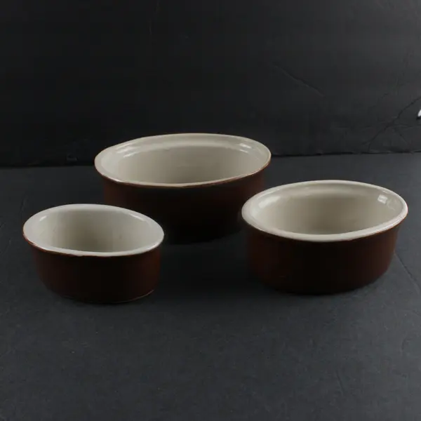 Set of 3 Vintage Nesting Oblong Ceramic Bowls Brown White Two-Tone