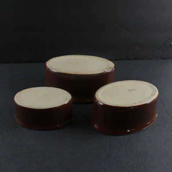 Set of 3 Vintage Nesting Oblong Ceramic Bowls Brown White Two-Tone
