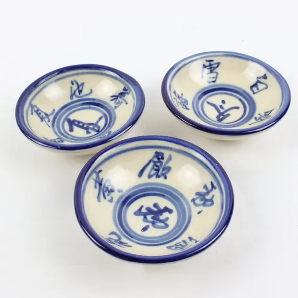 Set of 3 Vintage Japanese Blue White Ceramic Rice Bowls