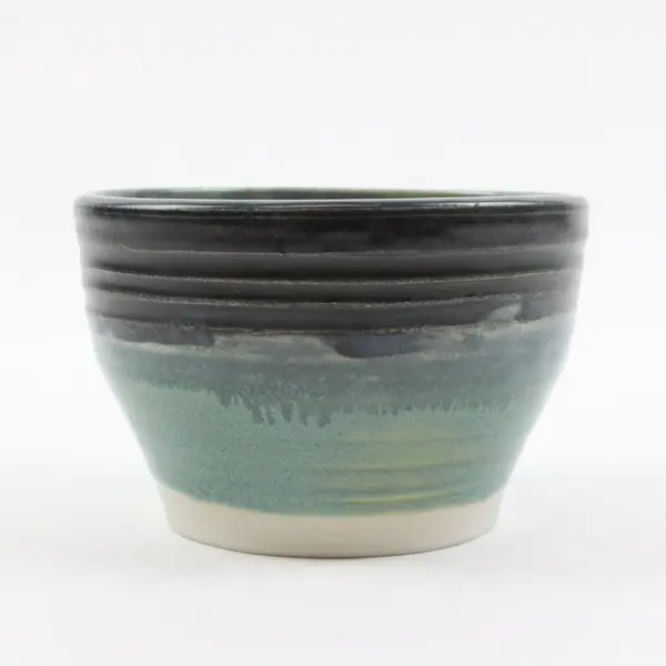 Handcrafted Ceramic Serving Bowl Turquoise Green Dark Banding 4"