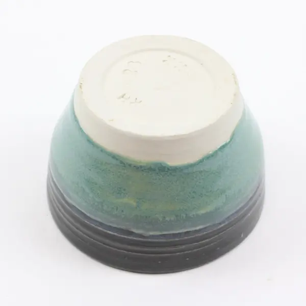 Handcrafted Ceramic Serving Bowl Turquoise Green Dark Banding 4"