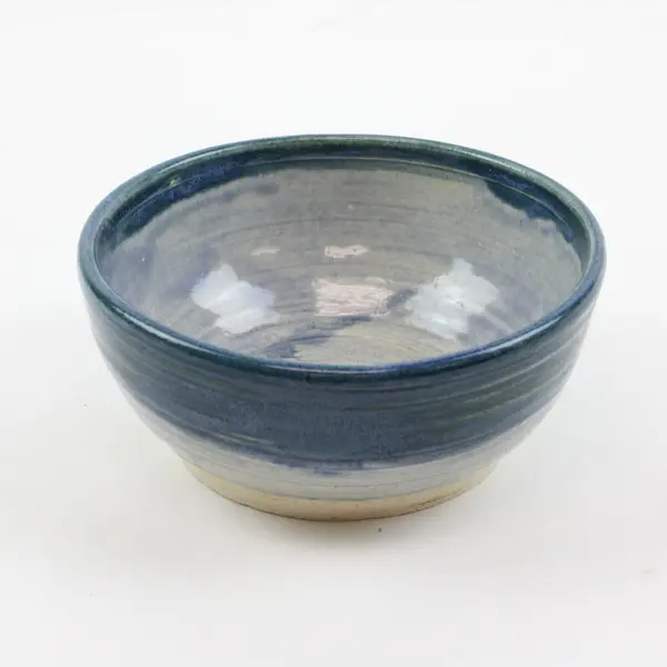 Handcrafted Ceramic Bowl Blue White Two-Tone Exposed Clay Base