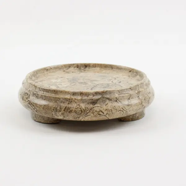 Pier 1 Carved Fossil Stone Round Footed Pedestal Candle Holder