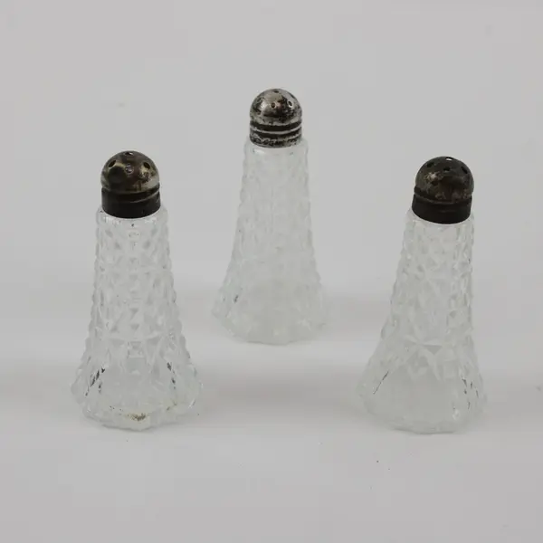 Lot of 3 Vintage Pressed Glass Salt & Pepper Shakers Metal Tops