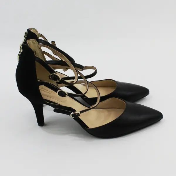 Liz Claiborne 025-2052 Black Strappy Pointed Toe Heels Ankle Strap Back Zip 10M