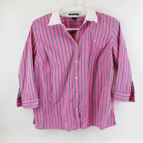 Lauren Ralph Lauren Women's 2X Pink Green Navy 3/4 Sleeve Button-Up Top