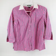 Lauren Ralph Lauren Women's 2X Pink Green Navy 3/4 Sleeve Button-Up Top