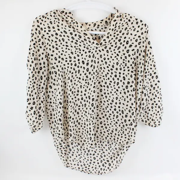 Lush Women's Large Leopard Print Roll-Tab Sleeve Blouse Off-White Black