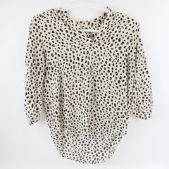 Lush Women's Large Leopard Print Roll-Tab Sleeve Blouse Off-White Black