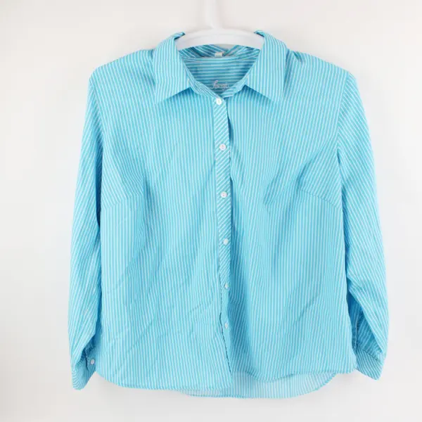 Foxcroft Women's 16W Sky Blue White Striped Button-Up Shirt FLAW