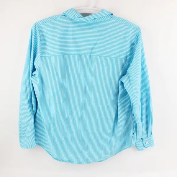 Foxcroft Women's 16W Sky Blue White Striped Button-Up Shirt FLAW