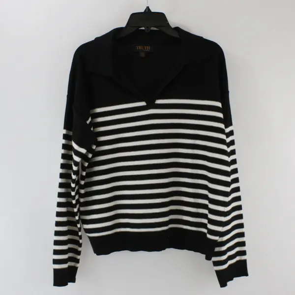Truth By Republic Black White Striped Collared V-Neck Sweater Sz Large 