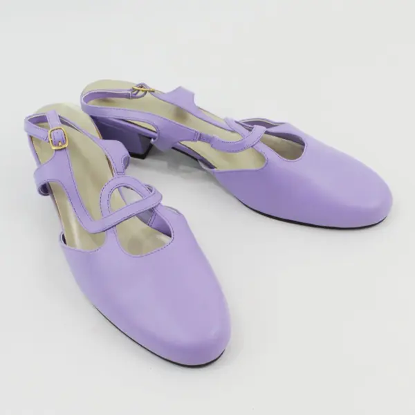 Mary Jane T Strap Block Heels Cutout Details Women's 10M Lilac Color Leather 