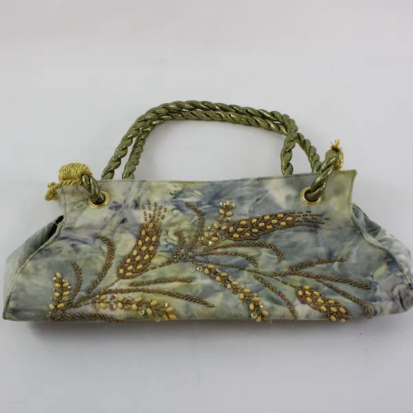 Blue Marbled Fabric Beaded Shoulder Bag Gold Seed Bead Embellished