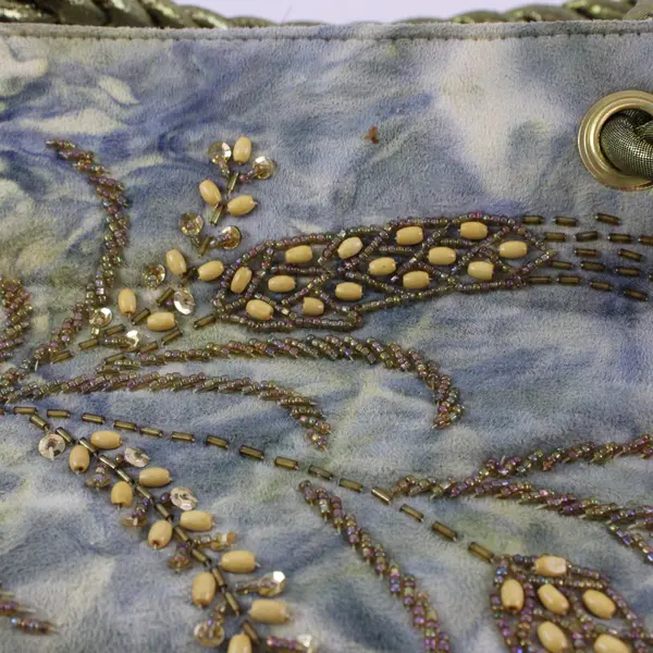 Blue Marbled Fabric Beaded Shoulder Bag Gold Seed Bead Embellished