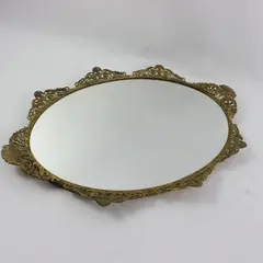 Vintage Oval Vanity Mirror Ornate Gold Tone Scrollwork Frame
