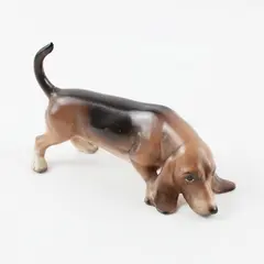 Vintage Basset Hound Dog Figurine Ceramic Porcelain Brown Black