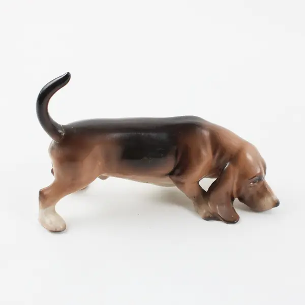 Vintage Basset Hound Dog Figurine Ceramic Porcelain Brown Black
