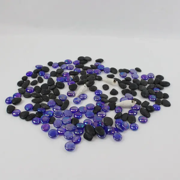Blue Black Pebbles Iridescent Glass Gems White Shells Mixed Vase Filler