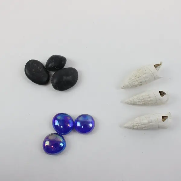 Blue Black Pebbles Iridescent Glass Gems White Shells Mixed Vase Filler