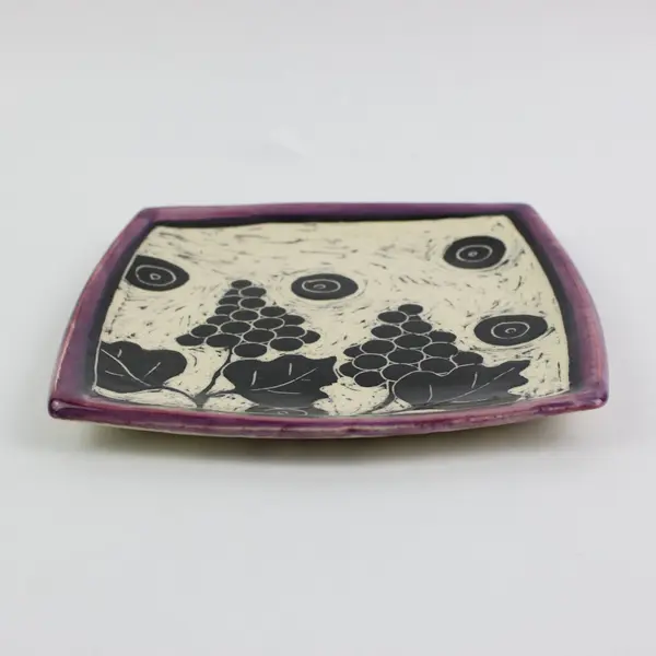 T. Smith Handmade Ceramic Square Plate Black White Grape Clusters