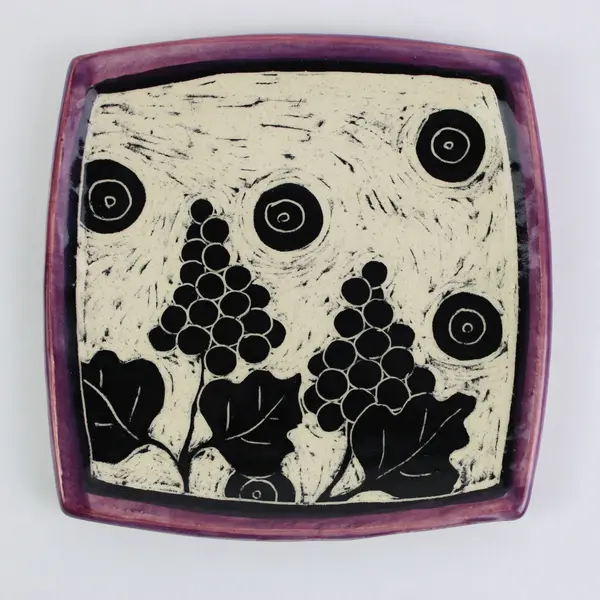 T. Smith Handmade Ceramic Square Plate Black White Grape Clusters