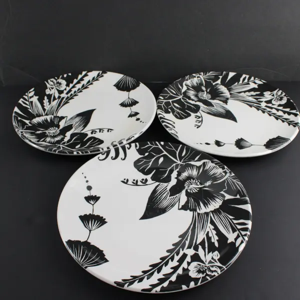 Set of 3 Isaac Mizrahi Black & White Floral Melamine Dinner Plates