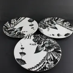 Set of 3 Isaac Mizrahi Black & White Floral Melamine Dinner Plates