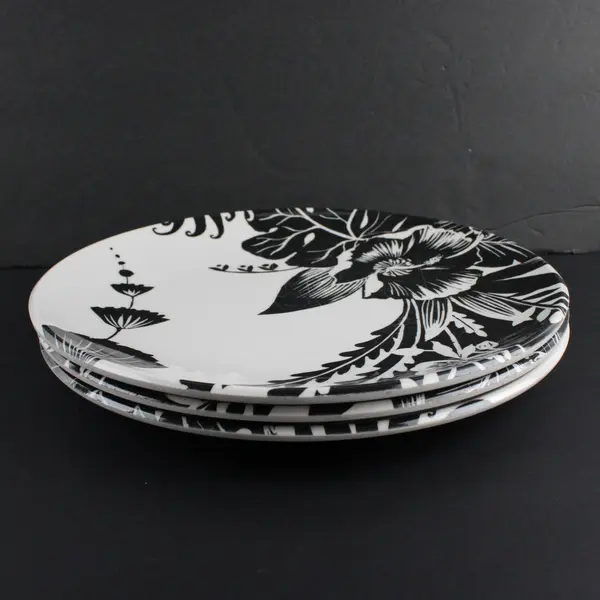 Set of 3 Isaac Mizrahi Black & White Floral Melamine Dinner Plates