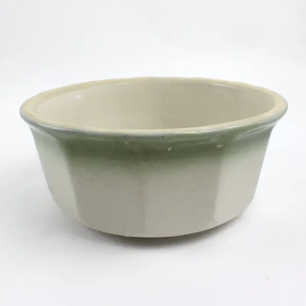 Vintage Ceramic Stoneware Bowl Cream Glaze Dark Green Rim 7.25 in